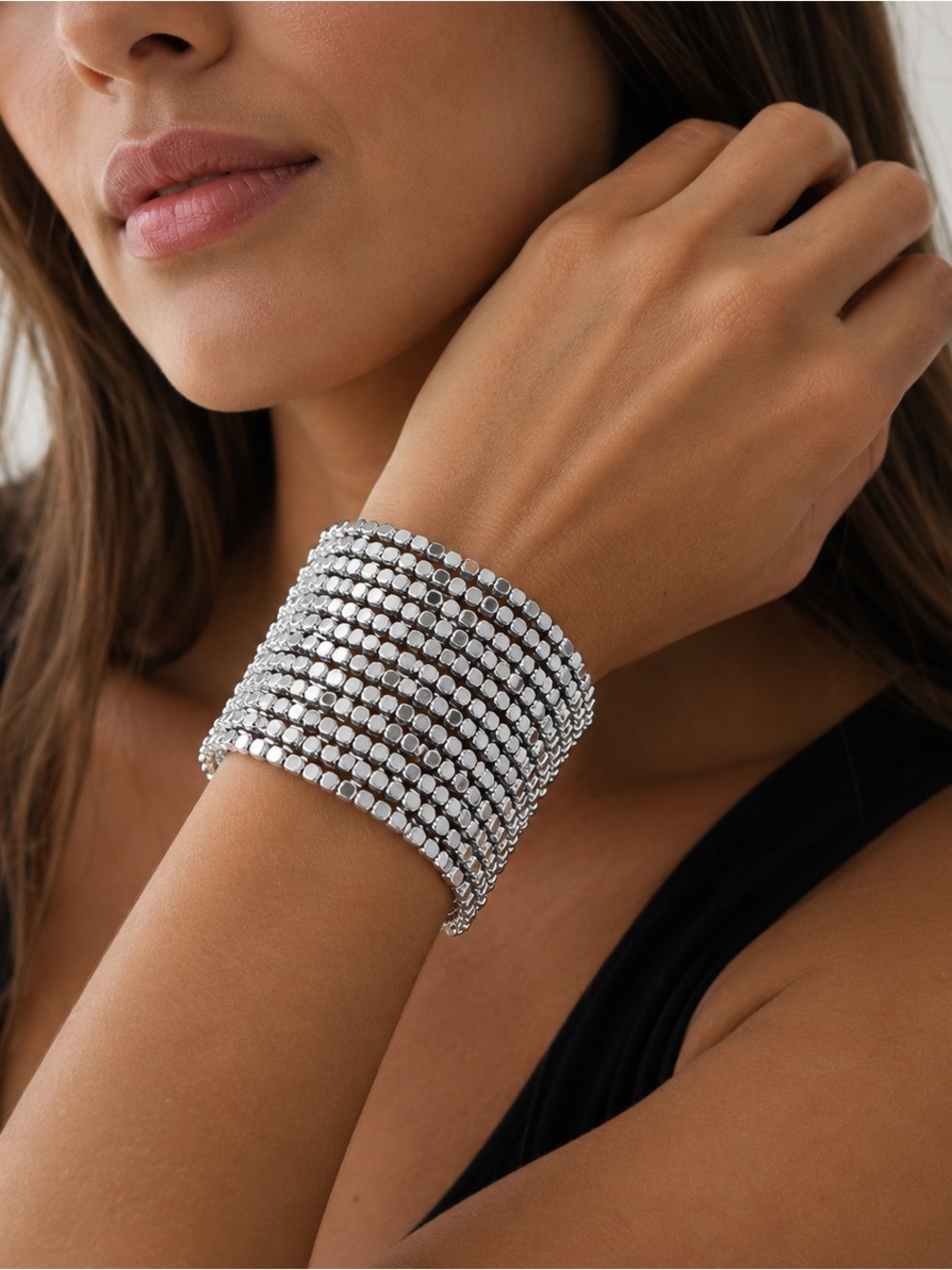 Luxury Silver Multi-Row Beaded Coil Bracelet - Picture 5 of 6